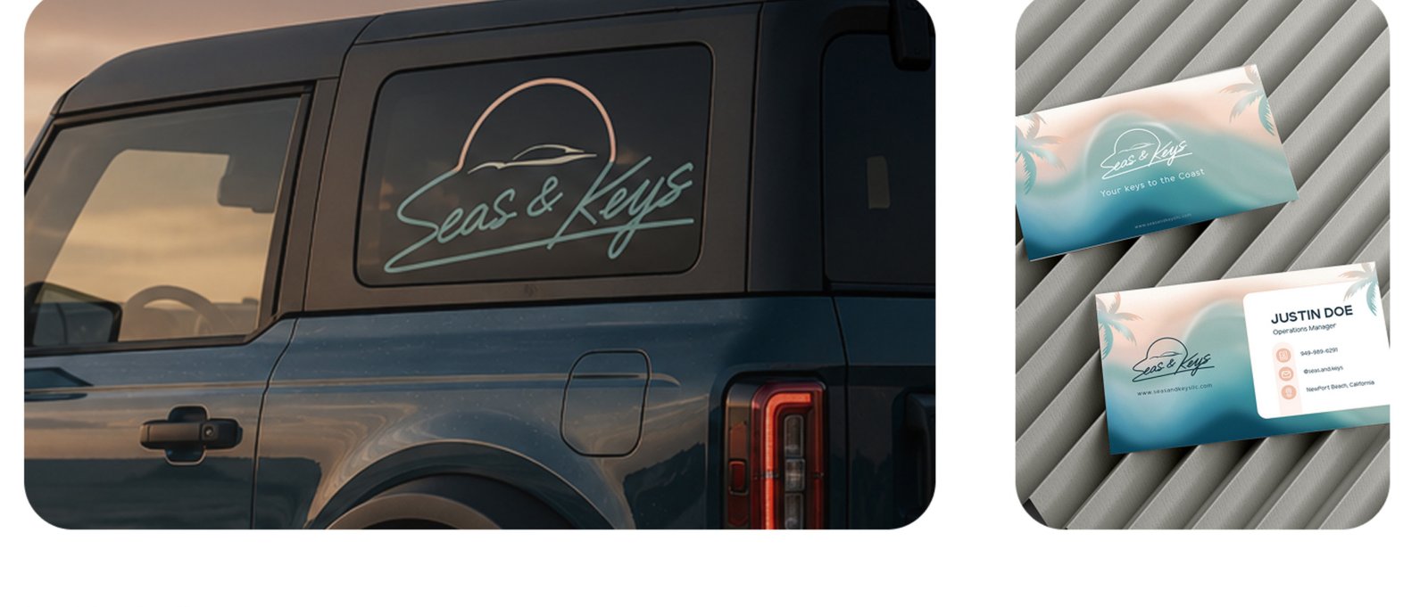Seas & Keys logo as a car window decal, and branded business cards