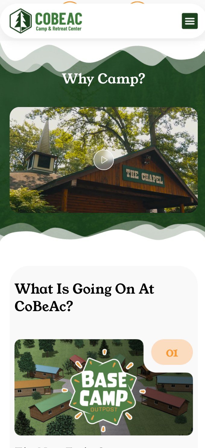 The CoBeAc website on mobile, showing the Why Camp and What Is Going On sections