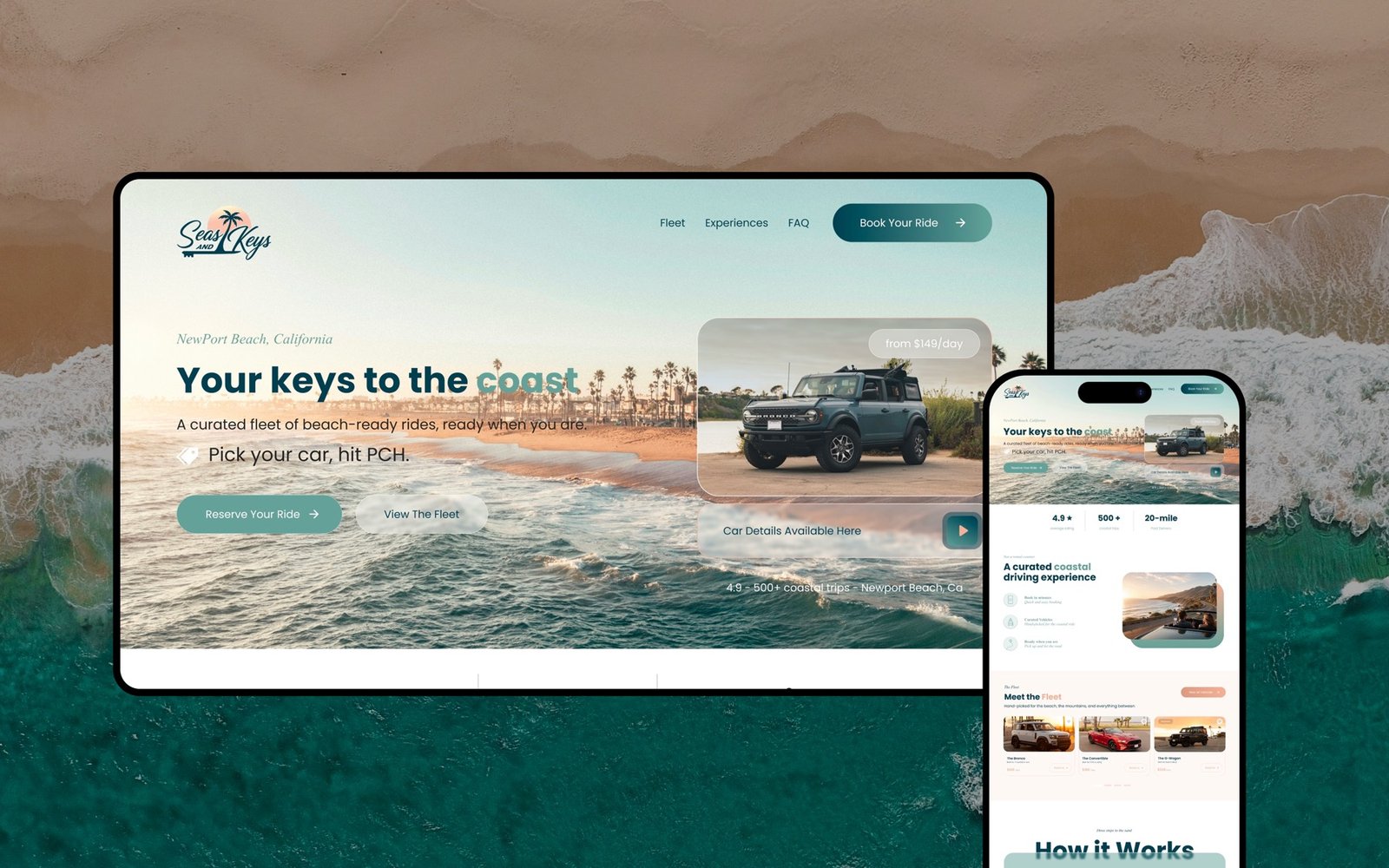 The Seas & Keys homepage displayed on a laptop screen