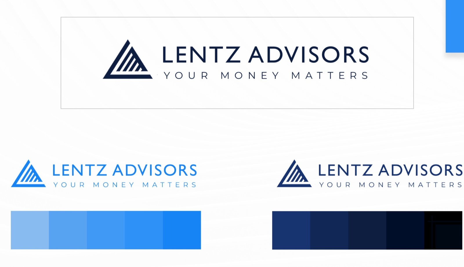 The Lentz Advisors logo shown in navy, signal blue, and on light and dark backgrounds
