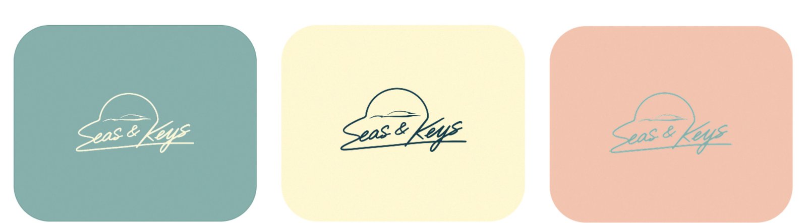 The Seas & Keys logo shown on sage, cream, and peach brand color backgrounds