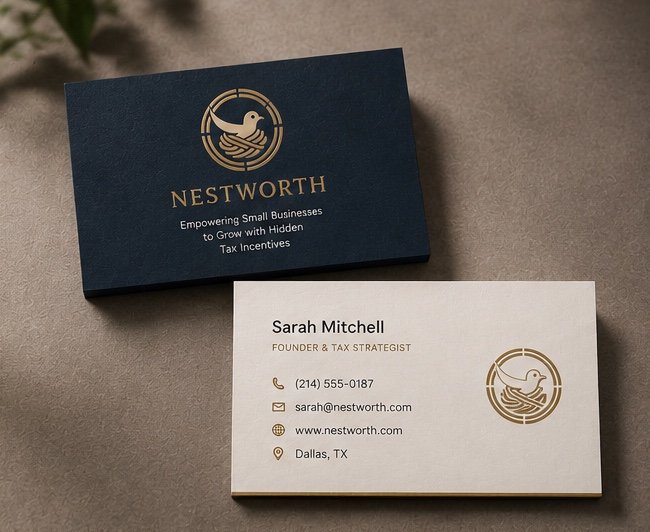 NestWorth business cards, a navy front and cream back for Sarah Mitchell, Founder & Tax Strategist